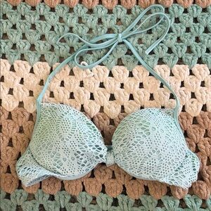 PINK Victoria's Secret Teal Green Lace Crochet Padded Bikini Top Womans sz Small